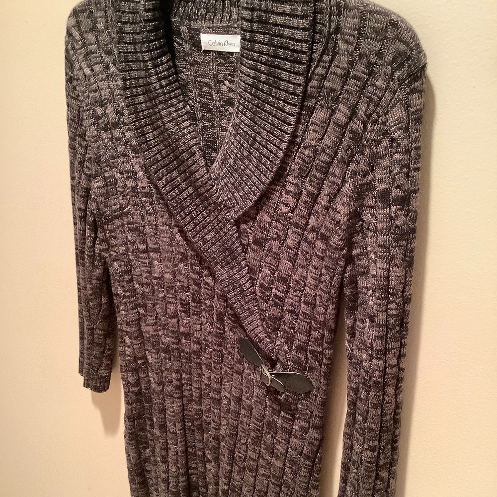 Ladies Calvin Klein dark brown with tan sweater dress.